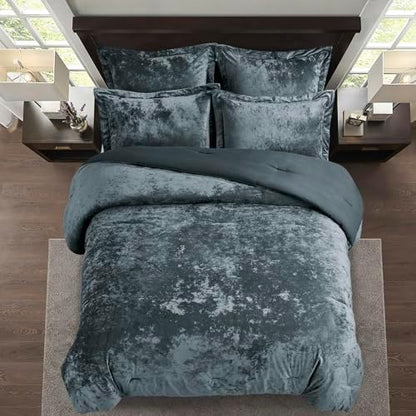 Fredsure Distressed Velvet Comforter Set, 5 Pieces Smoke Blue Queen, Distressed Velvet Face and Brushed Microfiber Reverse