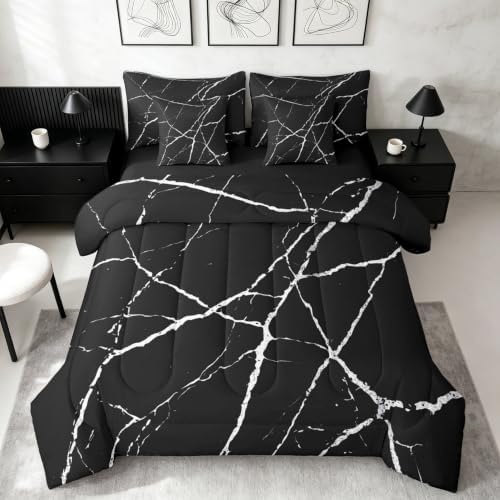 Erosebridal Black Marble King Bedding Set 7 Piece White Texture Bed in A Bag with Sheets Ink Painting Stone Pattern Comforter Set for Kids Adults,Retro Watercolor Artwork Bed Sets
