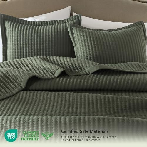 WDCOZY Olive Green Twin Size Quilt Set, Striped Pick Stitch Bedspread