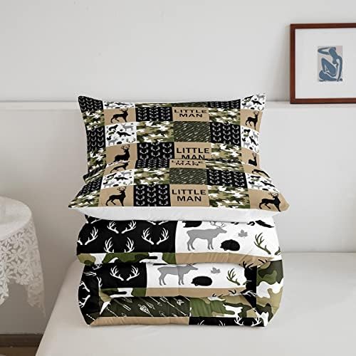 Manfei Deer Antlers Animals Silhouette Comforter Set Queen,Camo Geometric Checks Bedding Set 3pcs for Kids Adults Room Decor,Nordic Boho Arrow Quilt Set,Vintage Green Duvet Insert with 2 Pillowcases