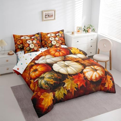 Erosebridal Fall Harvest Theme Queen Comforter Set 7 Piece for Kids Boys Girls Adults Fall Pumpkin Bed in A Bag with Sheets Maple Leaf Print Bedding Set Retro Rustic Bed Set Room Decor