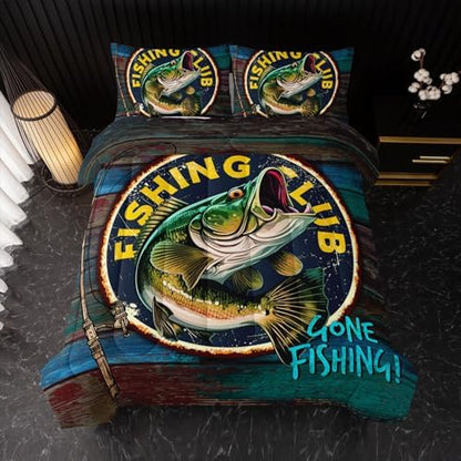 Nttopship Big Pike Fish Bedding, Bass Fishing Comforter Set Hunting and Fishing Themed Comforter Set for Kids Boys Room Decor, King Bed in a Bag for Teens with 2 Pillowcases