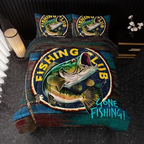 Nttopship Big Pike Fish Bedding, Bass Fishing Comforter Set Hunting and Fishing Themed Comforter Set for Kids Boys Room Decor, Full Bed in a Bag for Teens with 2 Pillowcases