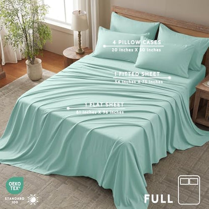 Full Size Bed Sheets - 6 Piece Soft Microfiber and Wrinkle Free Sheets - Easy Care, Extra Soft, Cooling Sheets - 1 Deep Pocket Fitted Sheet 1 Flat Sheet and 4 Pillowcases (Full Spa Blue)