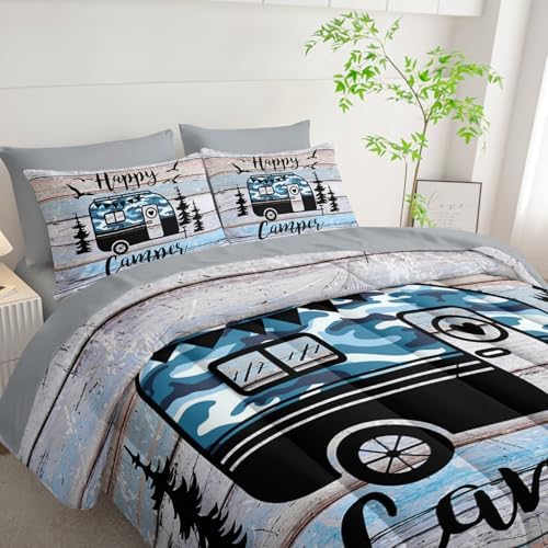 HOSIMA 7Pcs Happy Camping Full Comforter with Sheet Set for Room Decor.