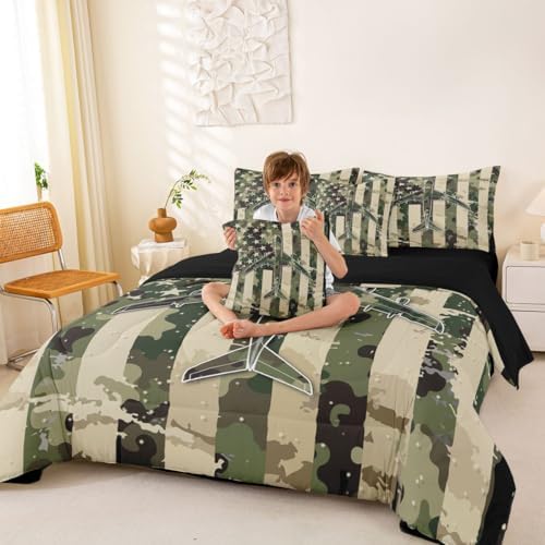 Erosebridal 7 Pcs Camo American Flag Comforter Set Queen Camouflage Military Aircraft Bedding Set for Boys Kids Teens Men Army Green Airplane Bed in A Bag with Sheets Vintage Patriotic Plane Bed Sets