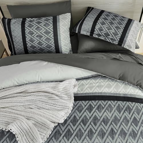 Cottolester Boho Comforter Set Queen Size,Black Gray Striped Bed in a Bag