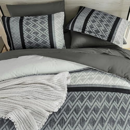 Cottolester Boho Comforter Set Queen Size,Black Gray Striped Bed in a Bag