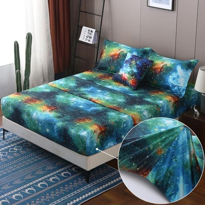 JQinHome Queen Galaxy Comforter Sets 6 Piece Bed in A Bag, Outer Space Themed Bedding for Children Boy Girl Teen Kids,1 Comforter, 1 Flat Sheet, 1 Fitted Sheet, 2 Pillowshams, 1 Cushion Cover(Blue)