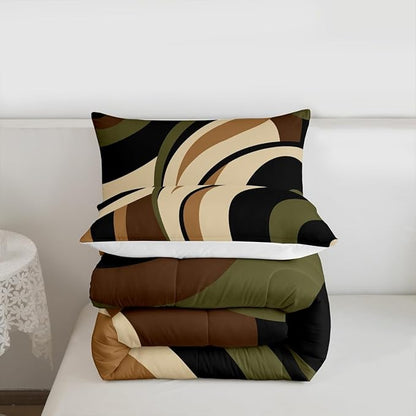 Castle Fairy Stripes Comforter Set Queen Size Brown Black Green Swirls Bedding Set 3pcs for Kids Boys Men Room Decor Vintage Abstract Styles Quilt Set Microfiber Duvet Insert with 2 Pillowcases