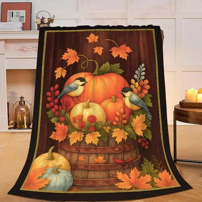 Fall Pumpkin Blanket Super Soft Warm Fluffy Farm Fleece Flannel Farmhouse Autumn Throw Blanket Cozy Fuzzy Plush Thanksgiving Stuff Bedding Blankets Gifts for Women Kids Boys Girls Adults 60"X50"