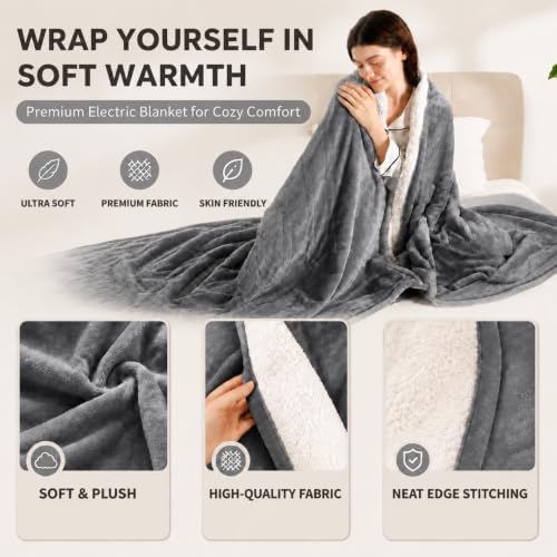 Heated Blanket Full Size, Soft Cozy Flannel Sherpa Electric Blanket with 6 Heating Levels & 1-10 Hours Auto Off, Overheat Protection, Machine Washable Plush Heating Blanket 72" x 84", Gray