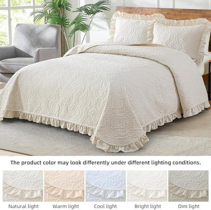 DJY Full Quilt Bedding Set Size, Ruffled Reversible Bedding Set, Beige