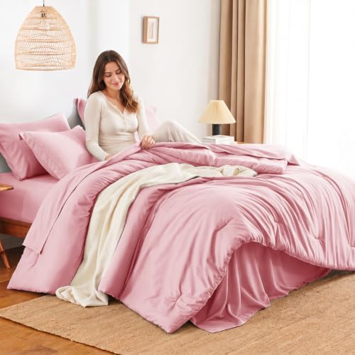 HIMEET King Comforter Set, 7-Piece Point-Quilted Bed in a Bag, Pink