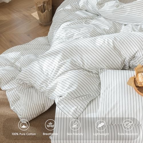 MooMee Striped Duvet Cover Set 100% Washed Cotton Linen Like Twin