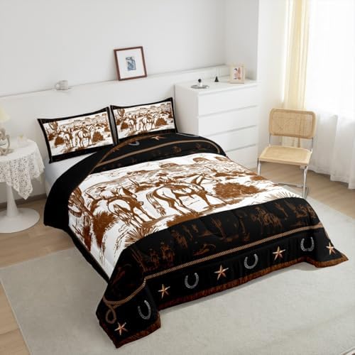 Manfei Western Cowboy Comforter Set King Size, Cowboy Horse Western Bedding Set 3pcs, Wild West Cactus Farmhouse Brown Down Comforter for All Season, Kids Boys Teens Room Decor, 2 Pillowcases