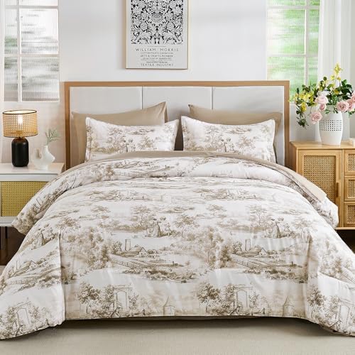 WONGS BEDDING Brown Comforter Set Queen Size, 7 Pieces Botanical Comforters with Sheets, Soft Microfiber Farmhouse Floral Complete Bedding Sets for All Season