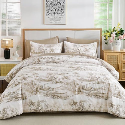 WONGS BEDDING Brown Comforter Set Queen Size, 7 Pieces Botanical Comforters with Sheets, Soft Microfiber Farmhouse Floral Complete Bedding Sets for All Season