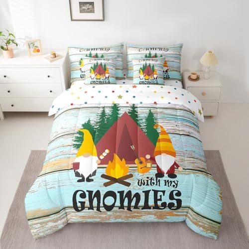 Erosebridal Kids Camping 7 Piece Bedding Set Twin,Kawaii Camper Gnomes Comforter Set Bed in a Bag,Vintage Farmhouse Wooden Board Flat Fitted Sheet,Jungle Trees Duvet Insert Reversible