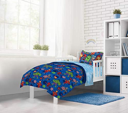 Marvel Avengers Toddler Size Comforter Set 4 Piece Kids Bedding, Blue