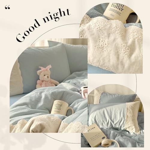 LifeTB Blue Gingham Comforter Set Full Size Romantic Lace Style Checkered Plaid Comforter Set 3 Pieces Blue Grid Bed Comforter with 2 Pillowcases Soft Fluffy Farmhouse Plaid Gingham Bedding Set