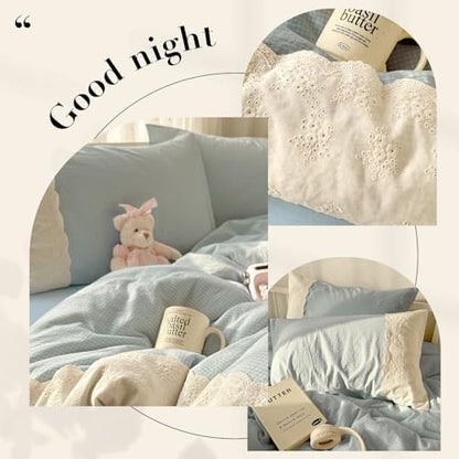 LifeTB Blue Gingham Comforter Set King Romantic Lace Bedding Comforter with 2 Pillowcases Vintage Plaid Checkered Comforter Farmhouse Grid Bedding Set Blue Plaid Comforter Set for All Seasons