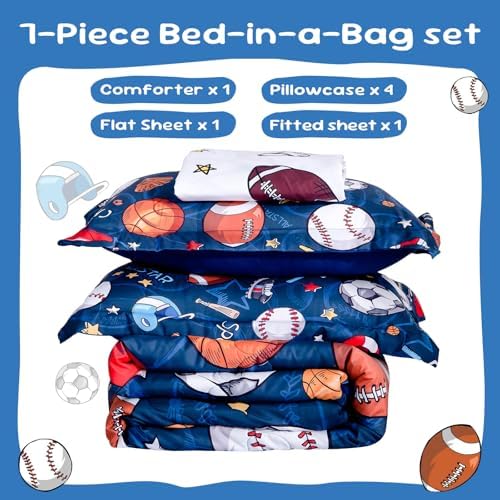 Wajade Sports Comforter Set - 7 Piece Queen Bedding with 3D Soccer, Basketball, Baseball, Football Design for Kids