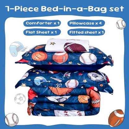 Wajade Sports Comforter Set - 7 Piece Queen Bedding with 3D Soccer, Basketball, Baseball, Football Design for Kids