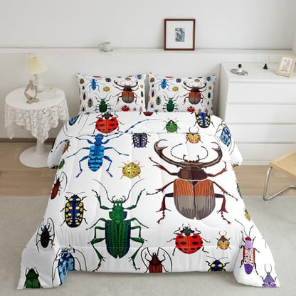 Feelyou Kids Bug Comforter Queen Boys Flying Bugs Pattern Comforter Set for Girls Children Colorful Beetle Collection Decor Bedding Set Soft Lightweight Nature Animal Bed Set 1 Comforter 2 Pillow Case