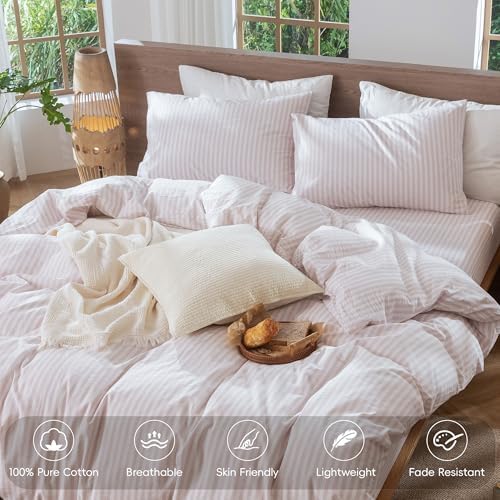 MooMee Striped Duvet Cover Set 100% Washed Cotton Linen Like Queen