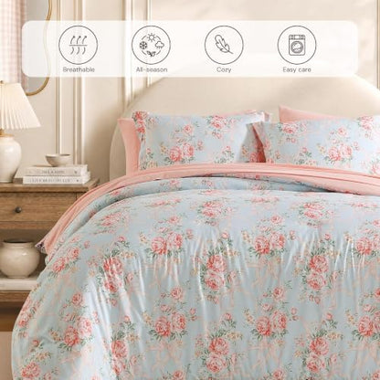 BLOOMHAVEN Twin XL Comforter Set-5 Pieces Blue Floral Bed in a Bag