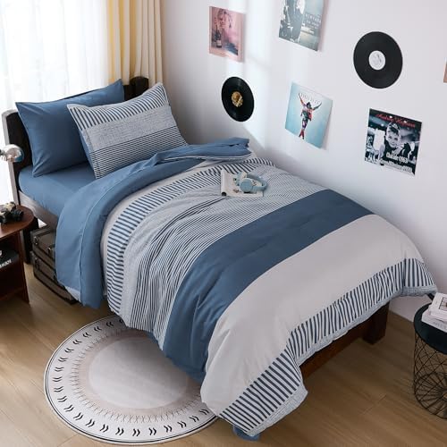 Cottolester Kids Comforter Sets Twin Size,Mineral Blue Striped Comforter