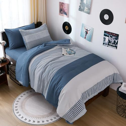 Cottolester Kids Comforter Sets Twin Size,Mineral Blue Striped Comforter