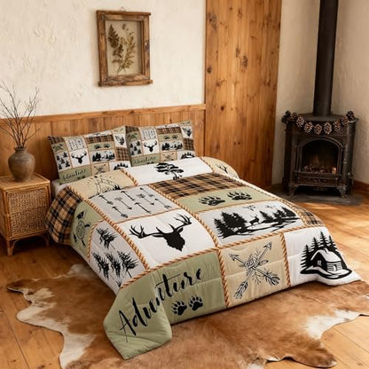 Camper Adventure Kids Comforter Set Twin Size,Deer Antlers Bear Paws Farmhouse Bedding Set for Boys Girls Adults Room Decor,Arrows Plaids Patchwork Down Comforter,Rustic Duvet Insert,1 Pillowcase