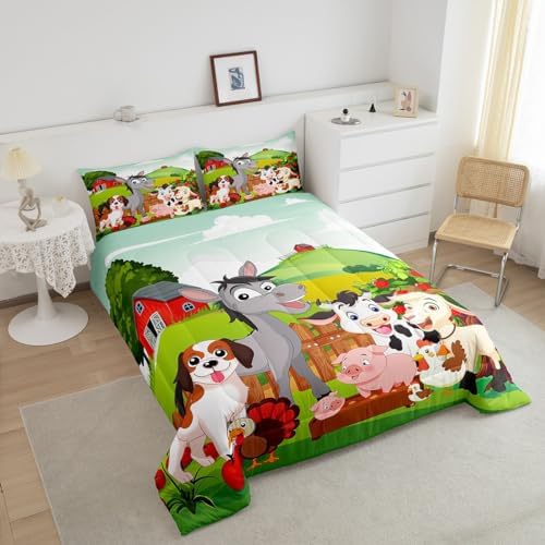 Feelyou Cute Farm Animals Bedding Set Kids Cartoon Pig Dog Cow Horse Comforter Set for Boys Girls Teens Nature Country Comforter Farmhouse Rustic Duvet Set Colorful Decor Quilt King Size Boys