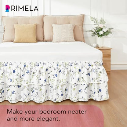 RIMELA Ruffle Bed Skirt Blue Berry Floral Queen 15 Inch Drop, Elastic Wrap Around Bed Skirting Queen Size, Easy to Install Dust Ruffle, Machine Washable Soft Fabric, Multi Ruffle Bedskirt