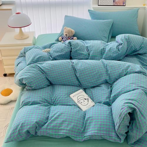 LifeTB Green Gingham Comforter Set Full Modern Style Green Purple Plaid Comforter Set Fluffy Soft Farmhouse Gingham Bedding Comforter 3 Pieces Grid Checkered Pattern Comforter with 2 Pillowcases