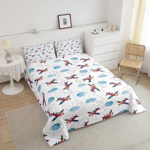 Boys Airplane Comforter Set Queen Size,Vintage Watercolor Airplane Bedding Set for Kids Space Room Decor,Cartoon Bedding Aircraft Blue Clouds Comforters Soft Lightweight Bedding Quilted 2 Pillow Cases
