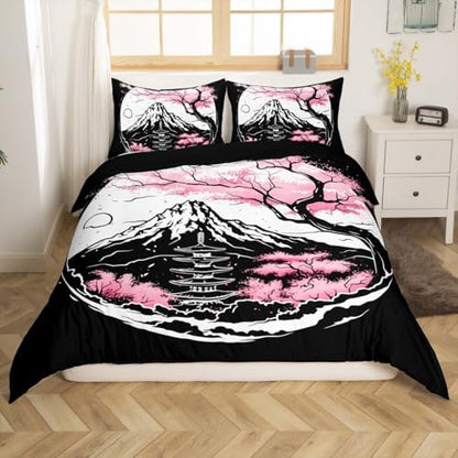 Feelyou Cherry Blossoms Duvet Cover King Size Fuji Mountain Printed Decor Bedding Set Boys Girls Japanese Style Comforter Cover Set Japanese Wave Sakura Flower Floral Bedspread Cover(No Comforter)