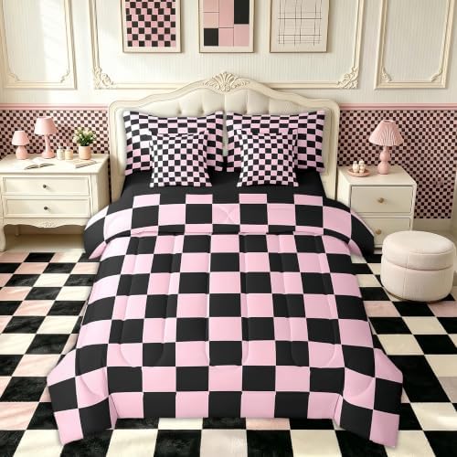 Feelyou Checkered 7 Piece Bedding Set Teen Pink Black Plaid Comforter Set with Sheets King Size Kids Boys Cute Retro Neutral Checkerboard Geometric Bed in a Bag Vintage Aesthetic Room Decor