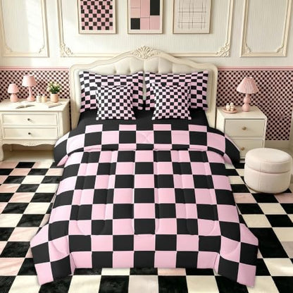 Feelyou Checkered 7 Piece Bedding Set Teen Pink Black Plaid Comforter Set with Sheets King Size Kids Boys Cute Retro Neutral Checkerboard Geometric Bed in a Bag Vintage Aesthetic Room Decor
