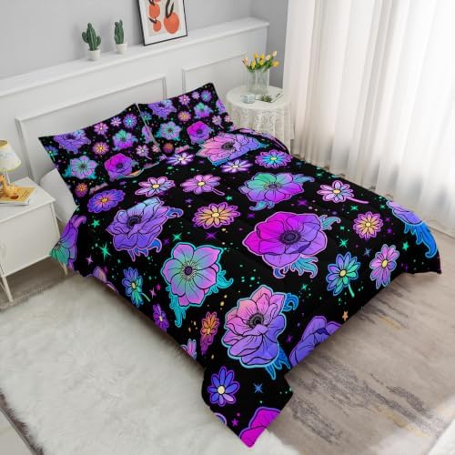 Axolotl Neon Floral Bedding Set King,Gradient Floral Comforter Set for Girls,Colorful Flower Bedding Stars,Galaxy Series Comforter for Kids Boys Girls Teens Adults,1 Quilt 2 Pillowcases,Black