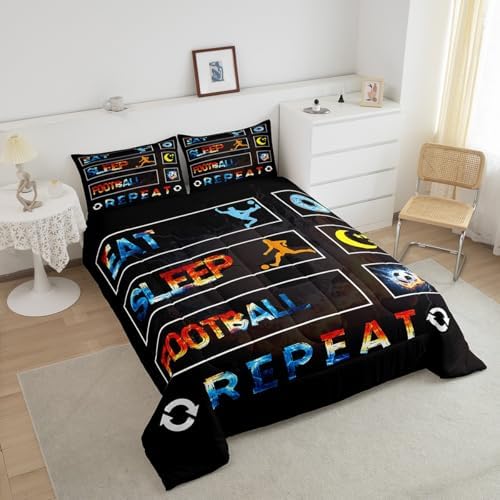 Boys Football Comforter Set, Soccer Sports Games Bedding Set Twin Size For Kids Girls Teens Adult Men, Ice And Fire Duvet Insert Eat Sleep Football Bedding Comforters With 1 Pillow Case, Gold Blue