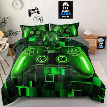 6 Pieces Full Size Gaming Bed in a Bag for Kids, Green 3D Game Controller Comforter Set, Gamer Bedding Set for Boys Girls Teens Cool Bedroom Decor All Season Full56