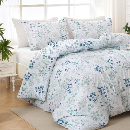 MUXHOMO Blue Flower Bed in a Bag Queen 7 Pieces, Queen Comforter Set Reversible Botanical Flowers Design, Ultra Soft & Breathable Bedding Sets with Comforter, Sheets, Pillowcases & Shams