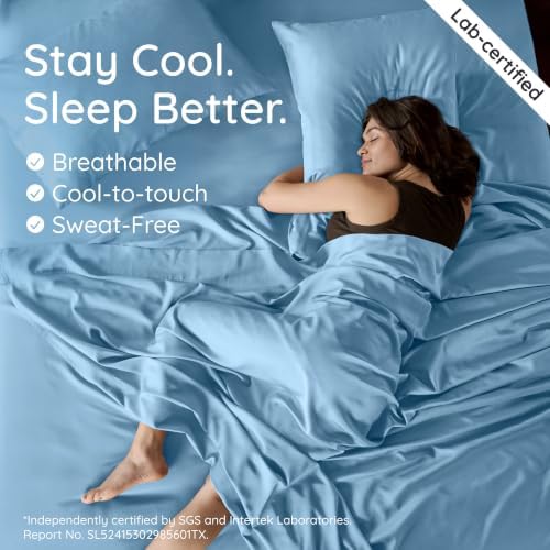 Bambaw 100% Viscose Derived from Bamboo Sheets King Size – 6pcs King Cooling Sheet Set, Luxury Sheets King Size Deep Pocket, Fits Up to 16'' Mattresses, Super Soft (Dream Blue)