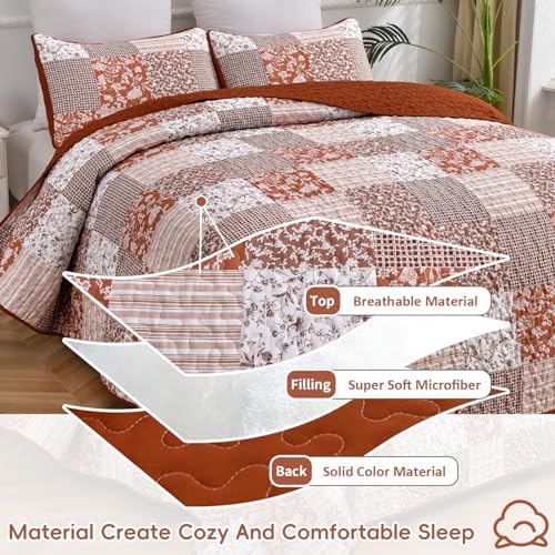 Mybedsoul Burnt Orange Boho Quilt King Size, Patchwork Floral Bedding Set