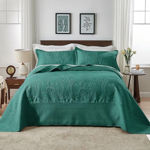 Qucover Alaska King Bedspread 132x 120, Extra Wide Oversized King Bedspread, 3 Piece Soft Microfiber Lightweight Oversized King Quilts Comforter Set, Vintage Persian Pattern, with Pillow Shams, Teal