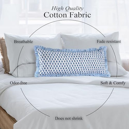 CPC Block Print Apatite Blue Ruffle Cotton Lumbar Pillow Cover 14x36 inch