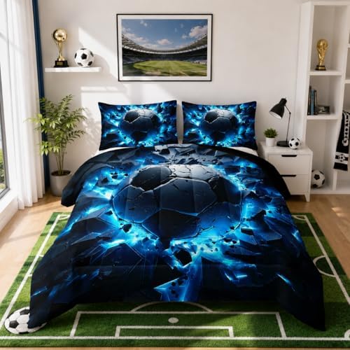 Nttopship Soccer Bedding Comforter Set Twin Size for Kids Teens and Adults, Blue Black Football Printed Bedding Sets 3 PCS,Ball Sports Themed Bedroom Decor with 1 Comforter and 2 Pillowcases